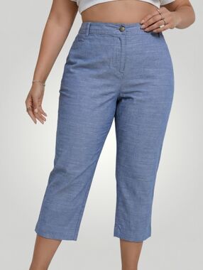Talbots Petite 16P Blue Chambray Crop Ankle Pants Cotton Straight Leg Summer